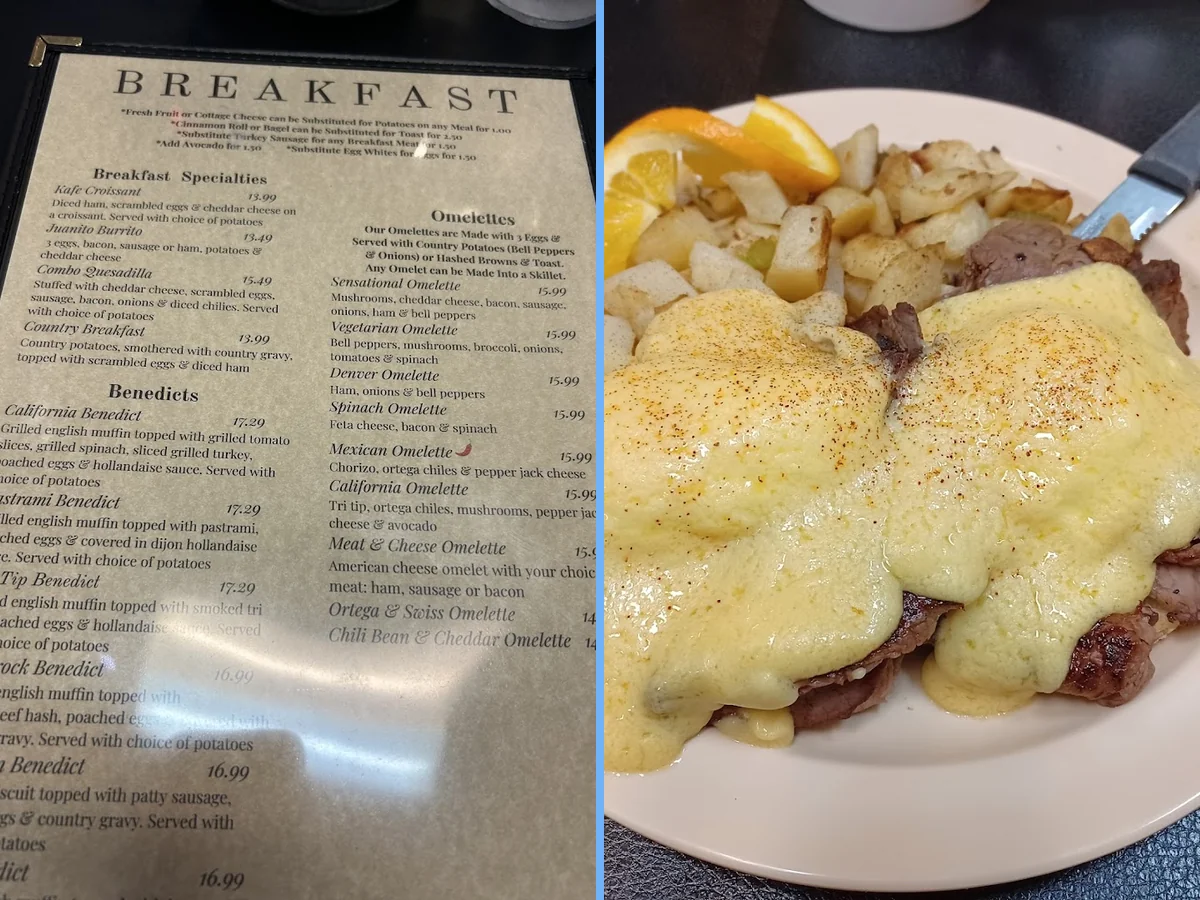 Plates of hearty breakfast food on a table.